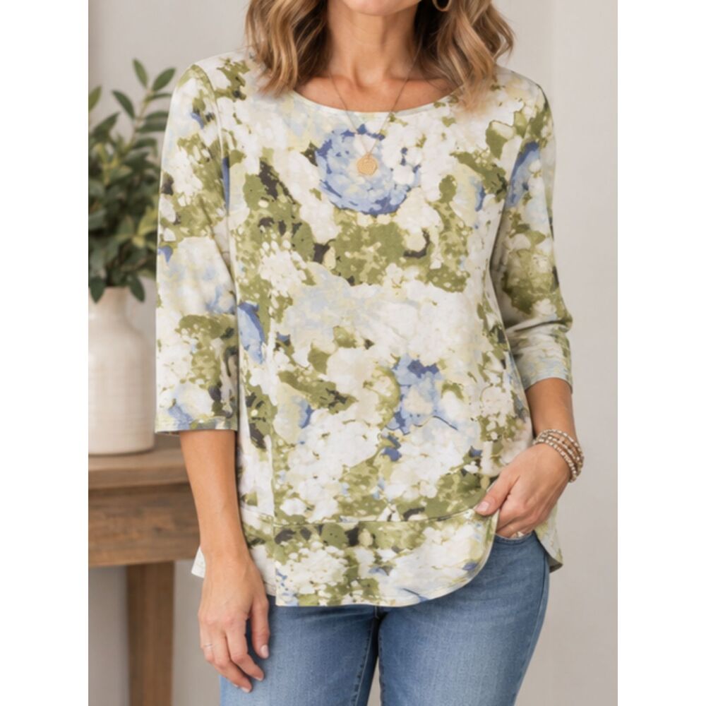 Pure Jill XS Floral Peplum Top Blue Green 3/4 Sleeve Soft Cotton Modal Boho